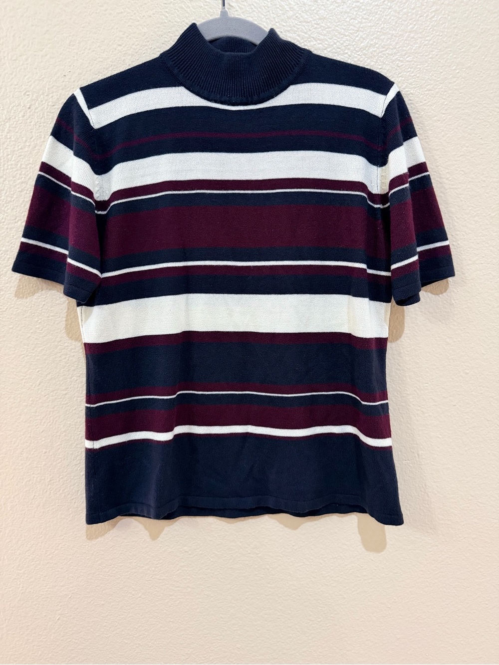 Sag Harbor Striped Mock Neck Short Sleeve Knit Sweater Medium NWOT